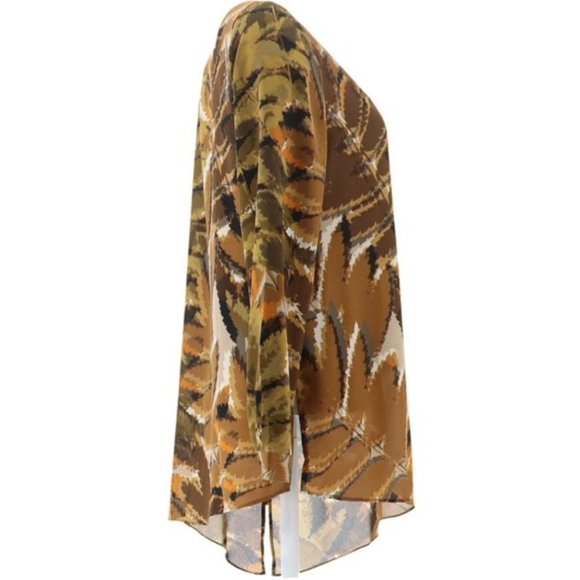 NWT SUSAN GRAVER PRINTED FEATHER WEAVE TUNIC ASYMMETRICAL HEM‎ OLIVE 4 - Picture 4 of 9